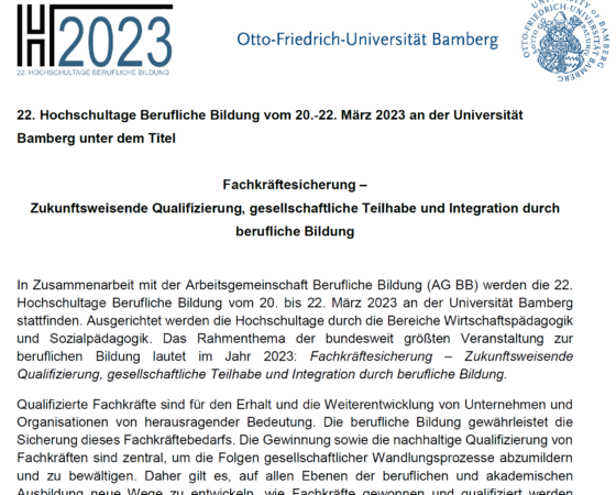 Call for Paper Hochschultage Berufliche Bildung Bamberg 20.-22.03.2023