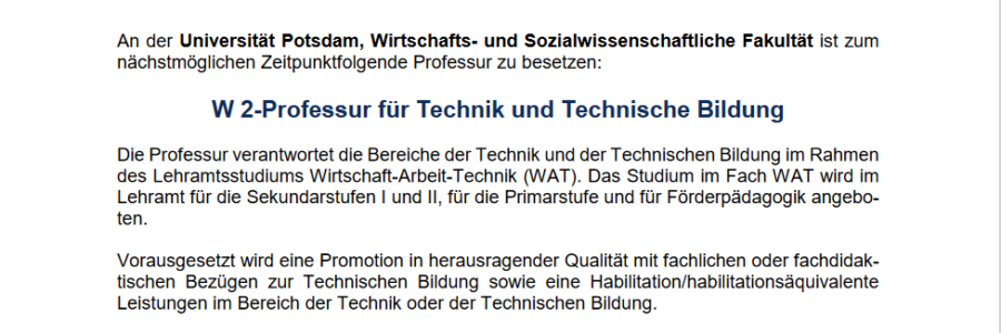 W2-Professur Technik und Technische Bildung
