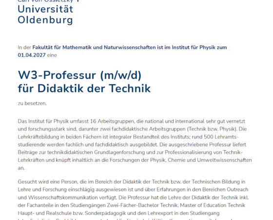 W3-Professur (m/w/d) für Didaktik der Technik