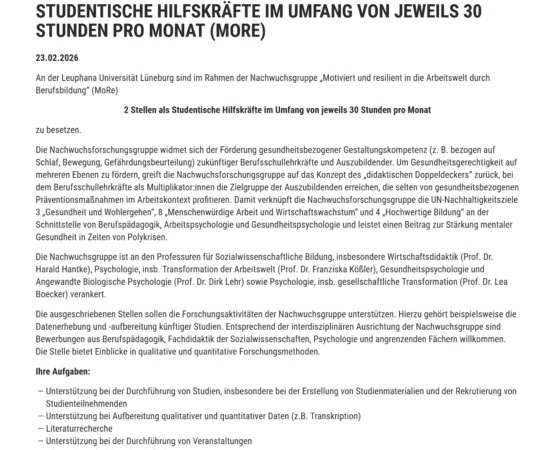 Stellenausschreibung Leuphana: MoRe (Motiviert und resilient in der Arbeitswelt durch Berufsbildung)